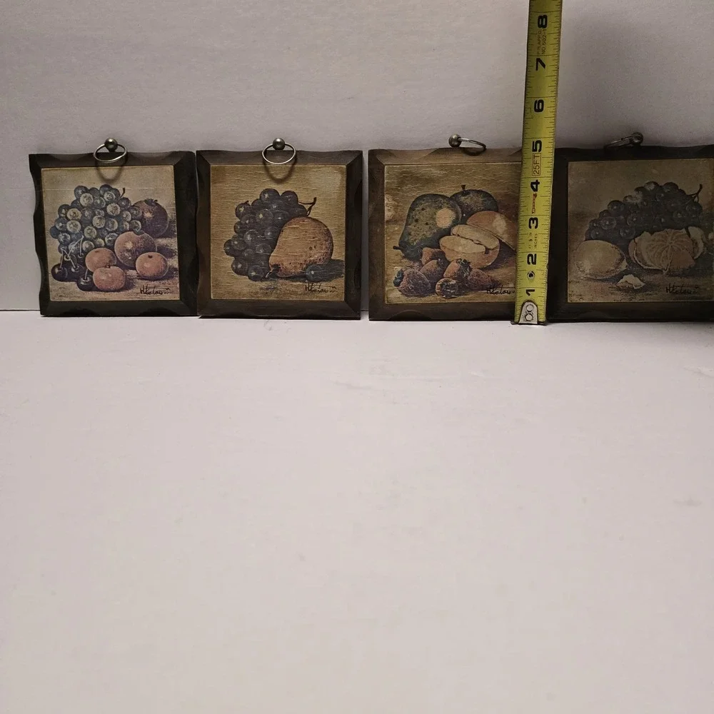 Vintage Homco Fruit Still Life Wall Plaques Set of 4 Wood Framed Kitchen Decor